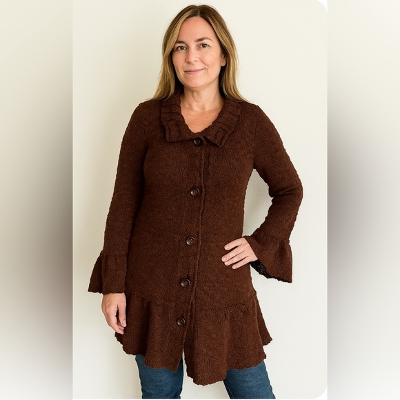 Fever Sweater Womens Large Long Button Up Chunky Knit Flare Sleeve Boho Fall - Picture 1 of 9
